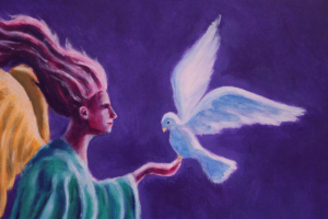 Artwork depicts a dove landing atop the outstretched hand of an angel; which was used to capture the tone of a letter written to Diabetes for www.deardiagnosis.com.