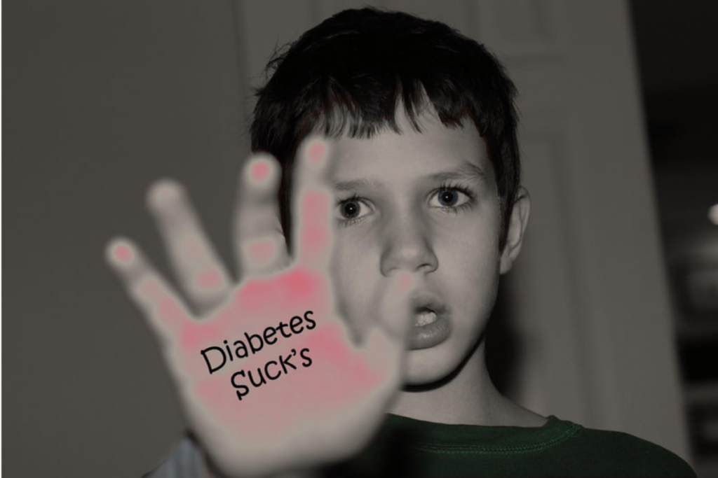 A boy holds out his hand to convey a message threaded throughout the adjacent letter written to Diabetes, Type I: "Diabetes Sucks"
