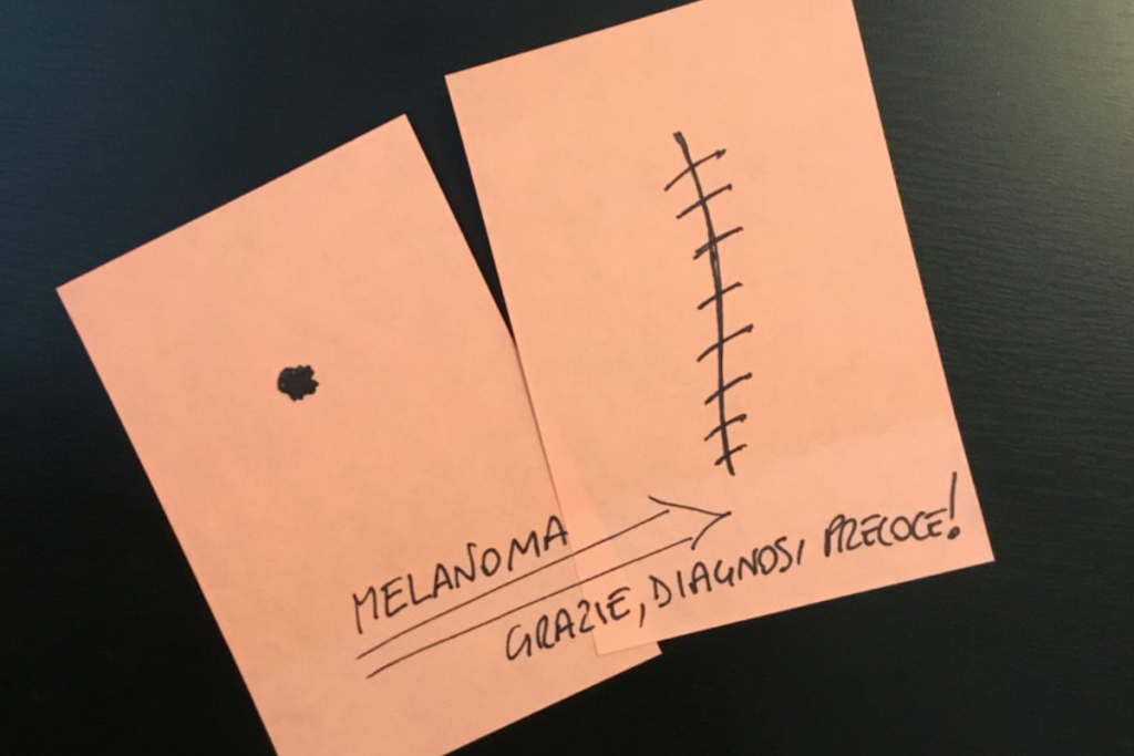 Handwritten notes to melanoma in the Italian language as part of the Dear Diagnosis literary project.